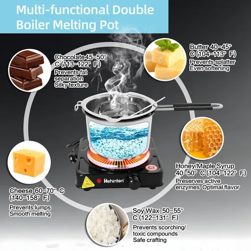 Miniatura 2 de Olla profesional de doble caldera de 40.6 fl oz/40.6 onzas, olla de fusión de chocolate de acero inoxidable 304 con placa caliente eléctrica de 1000