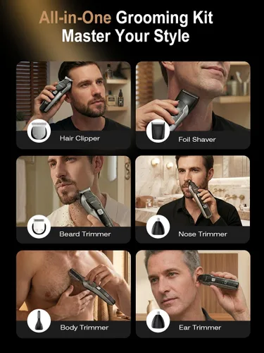 Miniatura 2 de Cortadora de barba y cortapelos para hombres, kit de aseo todo en 1 con base de carga, IPX7 impermeable inalámbrico, USB-C, diseño para nariz