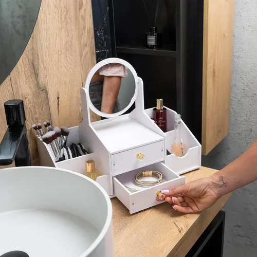 Miniatura 9 de Organizador de maquillaje de madera, organizadores de maquillaje de encimera con espejo, cajones, organizador de cosméticos para cepillos, cuidado