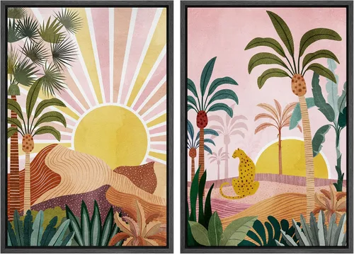 Miniatura 8 de IDEA4WALL - Set de lienzos enmarcados para pared, diseño tropical, selva, hoja de plátano, guepardo rosa, gato, naturaleza, desierto, arte digital