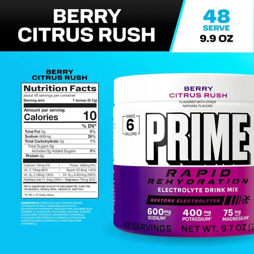 Miniatura 2 de Prime Rapid - Electrolito en polvo de rehidratación, Berry Citrus Rush, mezcla de bebida de hidratación sin azúcar con sodio, potasio, magnesio