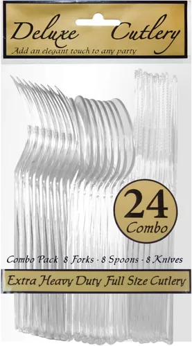 Miniatura 3 de Party Essentials Paquete combinado de cubiertos de plástico duro extra resistente y cuchillos/tenedores/cucharas de tamaño completo, transparente, 8