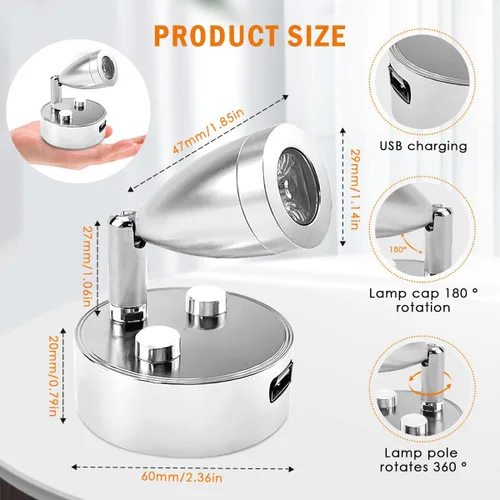 Miniatura 2 de 2PCS Foco LED RV de 12V - 24V Tamaño Pequeño Luz de Lectura Puerto de Carga USB Foco Giratorio 360°, Cualquier Toque Regulable 3500K Luz Cálida