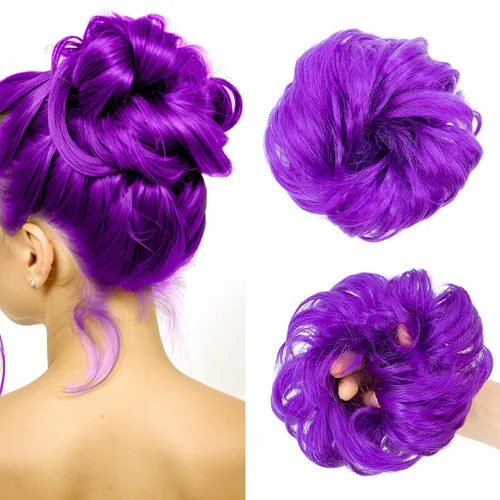 Miniatura 15 de Pieza de cabello de moño desordenado, piezas de cabello azul para mujeres y niñas, extensiones de cabello sintético ondulado y rizado, coletero