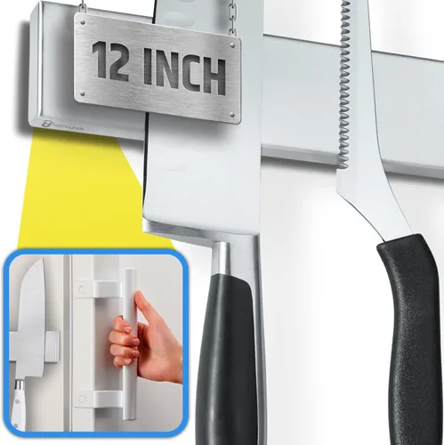 Portacuchillos magnético premium de 12" para refrigerador (imanes resistentes de doble cara) - Tira mejorada para montaje fuerte en la nevera -