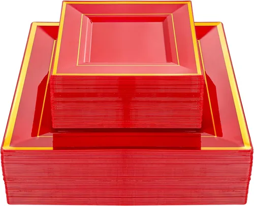 Miniatura 20 de Liacere 100 platos de plástico dorados, platos desechables de purpurina dorada para aperitivos, platos de ensalada/postre de plástico de alta