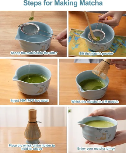 Miniatura 7 de Juego de batidor matcha, juego de kit matcha japonés de 7 piezas con cuenco matcha (chawan), batidor matcha y soporte, cuchara de bambú, Azul