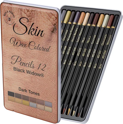 Black Widow Lápices de colores tono de piel para libros de colorear para adultos – 12 lápices de color de núcleo suave para retratos y artistas de