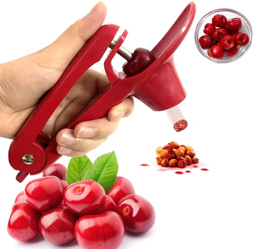 Cherry Pitter, herramienta de acero inoxidable resistente para descorazonadores de aceitunas y cerezas con diseño de bloqueo que ahorra espacio, Rojo