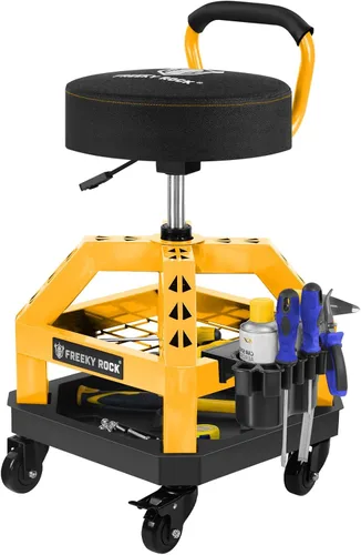 Miniatura 11 de Rolling Shop Taburete con ruedas, silla de taller mecánico de garaje con respaldo de asa, taburete de trabajo de altura ajustable, asiento