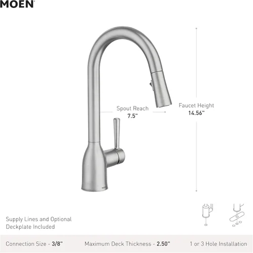 Miniatura 3 de Moen - Grifo de fregadero de cocina de arco alto de una sola llave con limpiador eléctrico, grifo de cocina moderno con rociador extraíble
