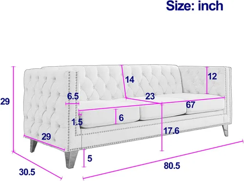 Miniatura 2 de Modern 3 Seater Couch Black Velvet Sofa Upholstered Button Tufted Nailhead Trim, Square Arm Loveseat Sofa, Sturdy Golden Metal Legs, 80.5'' Couch