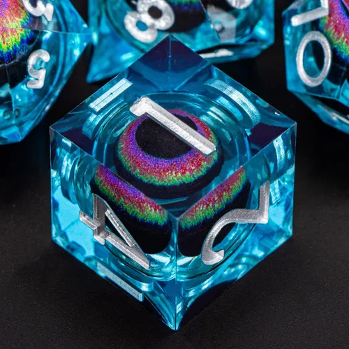 Miniatura 8 de Dragon Eye - Dados DND de núcleo líquido con caja, juego de dados poliédricos de borde afilado verde y azul de resina hechos a mano transparentes D