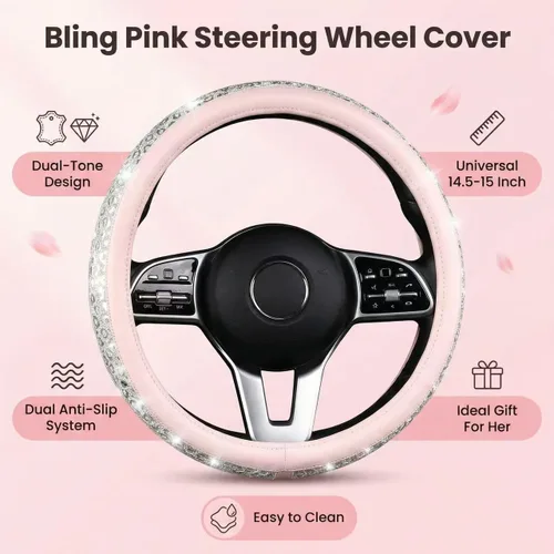 Miniatura 6 de Funda de volante rosa con diamantes de imitación, protector antideslizante de cuero con purpurina para volante de automóvil, ajuste universal