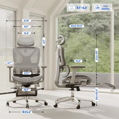 Miniatura 6 de FLEXISPOT ErgoX Premium - Silla de oficina ergonómica premium con reposapiés - Reposabrazos 3D ajustables, soporte lumbar dinámico, función de Gris