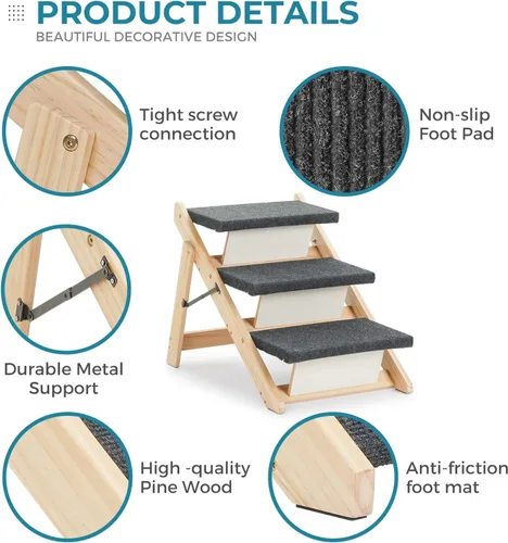 Miniatura 8 de MEWANG Escaleras y rampa de madera para perros y gatos pequeños/medianos, mascotas mayores – 3 en 1, plegable, portátil, escalera antideslizante 3