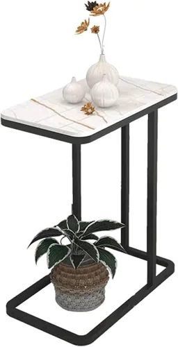 Mesa auxiliar auxiliar en forma de C, mesa auxiliar para sofá nórdico, mesa de centro de piedra sinterizada y base de metal, elegante para Blanco