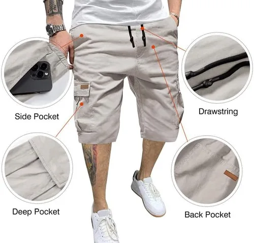 Miniatura 7 de JMIERR Pantalones cortos de sarga para hombre con cordón de algodón clásico elástico con 6 bolsillos