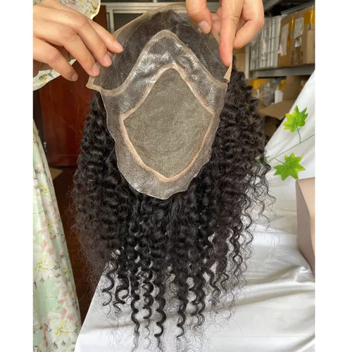 Miniatura 5 de Voloria Reemplazo de cabello humano rizado rizado de 12 pulgadas para hombres, encaje mono y poliuretano alrededor con encaje suizo frontal de 10 x