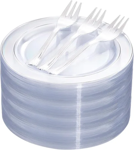 Miniatura 14 de DaYammi 240 platos de plástico negro que incluyen 120 platos de postre negros y 120 tenedores dorados, plato de fiesta martillado, platos