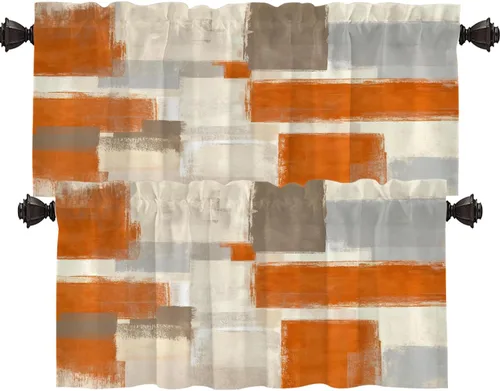 Miniatura 83 de Shrahala Beige and Orange Abstract Art Brushstrokes Blackout Curtain Tiers, Abstract Oil Paint Kitchen Valance Light Blocking Tier Drapes with Rod