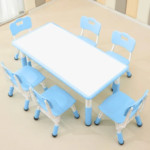 monleelnom Juego de Mesa y Silla para Niños Adecuado para Niños y Niñas de 2 a 12 años, Altura Ajustable, Tablero Pintado con 6 Asientos, Adecuado