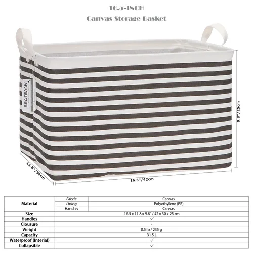 Miniatura 6 de Sea Team Paquete de 2 cestas plegables de tela de lona con asas, contenedor de almacenamiento rectangular impermeable, caja, cubo, cesta de estante
