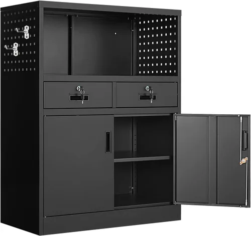 Yizosh Armario de almacenamiento de metal con 2 cajones y puertas con bloqueo, armario de almacenamiento de acero de 41.3 pulgadas con cerradura con