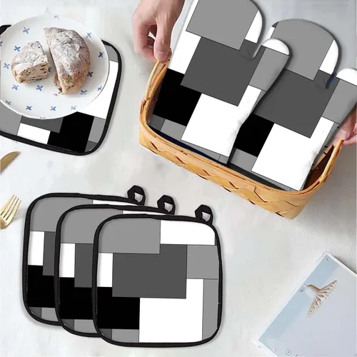 Miniatura 3 de MCALK Juego de 5 piezas de manoplas de horno geométricas grises y agarraderas, guantes de horno grises y almohadillas térmicas para cocinar
