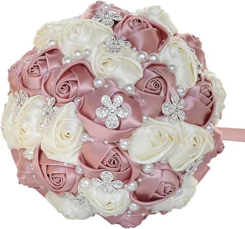 Miniatura 34 de Sharebeauty Ramo de novia de satén hecho a mano de 5.9 pulgadas, ramo de boda, ramo de flores artificiales, color azul claro + blanco W224