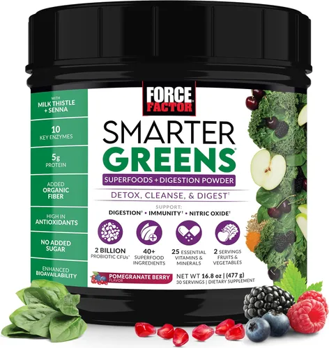 Miniatura 11 de Force Factor Smarter Greens Superfoods en polvo para apoyar la digestión, la salud intestinal, la hinchazón, polvo de verduras con probióticos