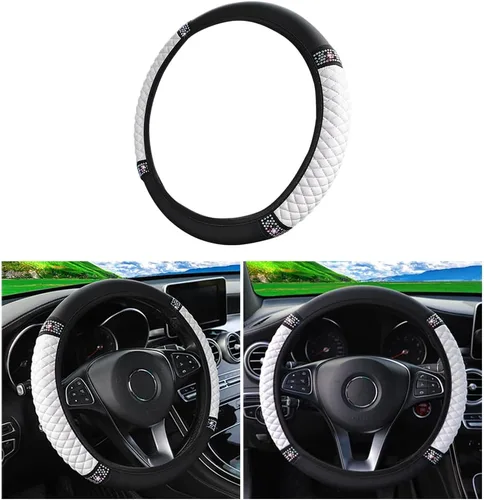 Miniatura 20 de Osilly Funda brillante para volante de automóvil, 15 pulgadas, con diamantes de imitación brillantes, piel suave, protector elástico, para mujeres
