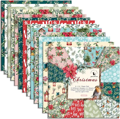 Miniatura 9 de Papel para álbum de recortes con patrón navideño, suministros de producción de tarjetas de 6 pulgadas, 24 hojas de cartulina libre de ácido de un