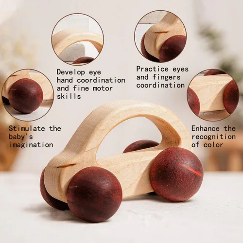 Miniatura 3 de 2 piezas de sonajero de madera orgánica coches de madera de empuje juguetes Montessori educativos de madera natural juguetes inspirados bebé recién