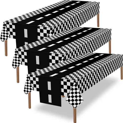 Miniatura 13 de Tallew Suministros de fiesta de automóvil a cuadros, mantel desechable de plástico para mesa de carreras en blanco y negro, camino de mesa