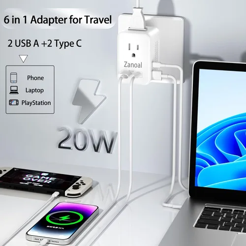 Miniatura 3 de Adaptador de enchufe de viaje europeo 6 en 1, convertidor de voltaje de 220 V a 110 V, adaptador de viaje de EE. UU. a Europa, adaptador