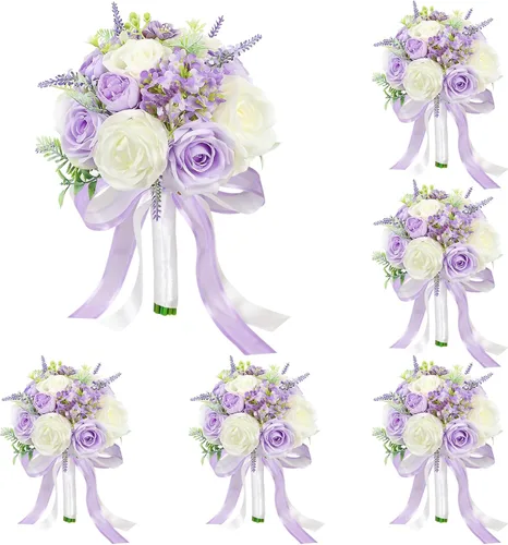 Miniatura 31 de Juego de 4 ramos para dama de honor para boda - Ramos de flores artificiales de 7 pulgadas para decoración de centros de mesa de ceremonia y Azul