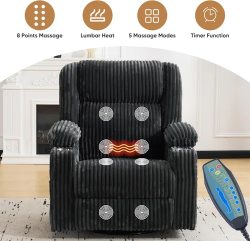 Miniatura 5 de Silla reclinable eléctrica de gran tamaño con masaje y calor, silla reclinable giratoria para adultos con almacenamiento de brazos, sillón Gris