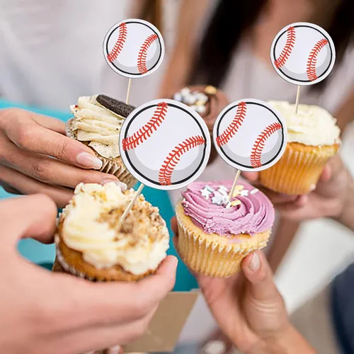 Miniatura 6 de Rsstarxi Paquete de 40 adornos de béisbol para cupcakes con temática de pelota deportiva, para decoración de pasteles de baby shower, temática