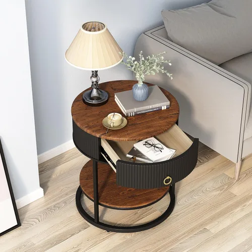 Miniatura 3 de OIOG - Mesa auxiliar redonda con cajón, mesa auxiliar moderna de madera con estante, mesa de noche de 2 niveles con cajón para sala de estar, Negro