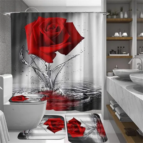 Miniatura 12 de Juego de baño Blue Rose con cortina de ducha y alfombras antideslizantes, tapete de baño, cubierta para tapa de inodoro y 12 ganchos fuertes