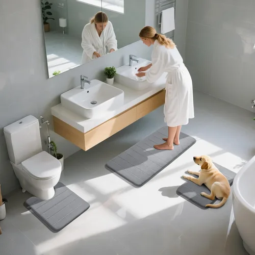 Miniatura 7 de Yimobra Juego de 3 tapetes de baño de espuma viscoelástica con alfombra de inodoro en forma de U, antideslizantes, súper suaves, absorbentes, de Gris