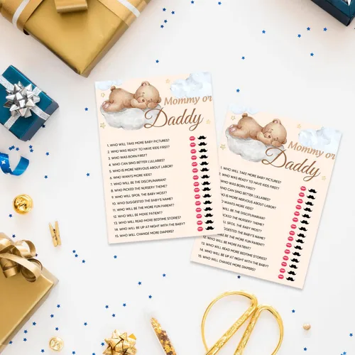 Miniatura 4 de Juegos de baby shower, juego de mamá o papá, tarjetas de fiesta temática de oso pequeño para niños o niñas neutros de género, suministros de fiesta