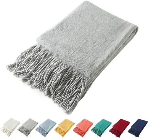 Miniatura 14 de Homiest - Manta decorativa de punto con flecos, manta ligera y suave tejida de acrílico con borlas para sofá, sillón, cama