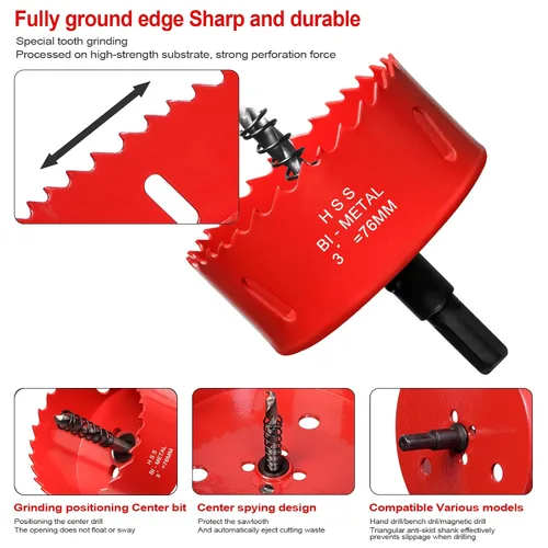 Miniatura 3 de Sierra de agujero de 3" (76mm) para madera y plástico, broca de perforación de núcleo de sierra de agujero HSS bimetálica para paneles de yeso, Rojo