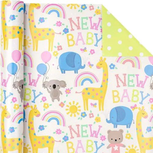 Miniatura 4 de WRAPAHOLIC - Papel de regalo reversible para baby shower de 30 pulgadas x 33 pies - Diseño de animales y nuevo bebé para baby shower neutral, New