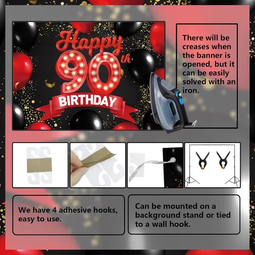 Miniatura 4 de Cartel de feliz cumpleaños 90, fondo rojo y negro, decoración de telón de fondo con globos, tema para niñas, mujeres, princesas, decoración