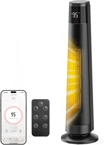 FLANUR Calentadores inteligentes de cerámica PTC de 1500 W para uso en interiores, calentador portátil con control remoto y aplicación para Negro