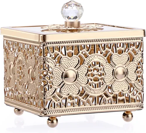 Hipiwe Caja de Joyería de Metal Tallada con Tapa de Vidrio, Organizador Cuadrado de Baratijas con Espejo Dorado, Cofre del Tesoro para Anillos,
