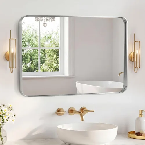 Miniatura 10 de Espejo de baño negro arqueado de 20 x 30 pulgadas, marco de metal con vidrio HD inastillable, montado en la pared para sobre el fregadero, entrada